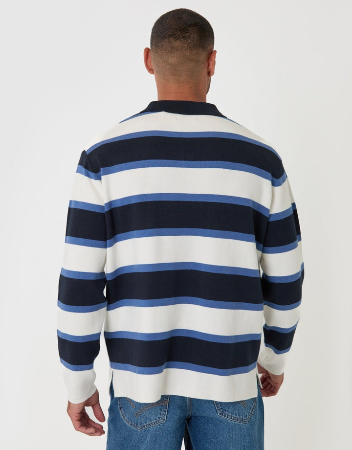 Relaxed Fit Knitted Rugby Polo in Navy Stripe