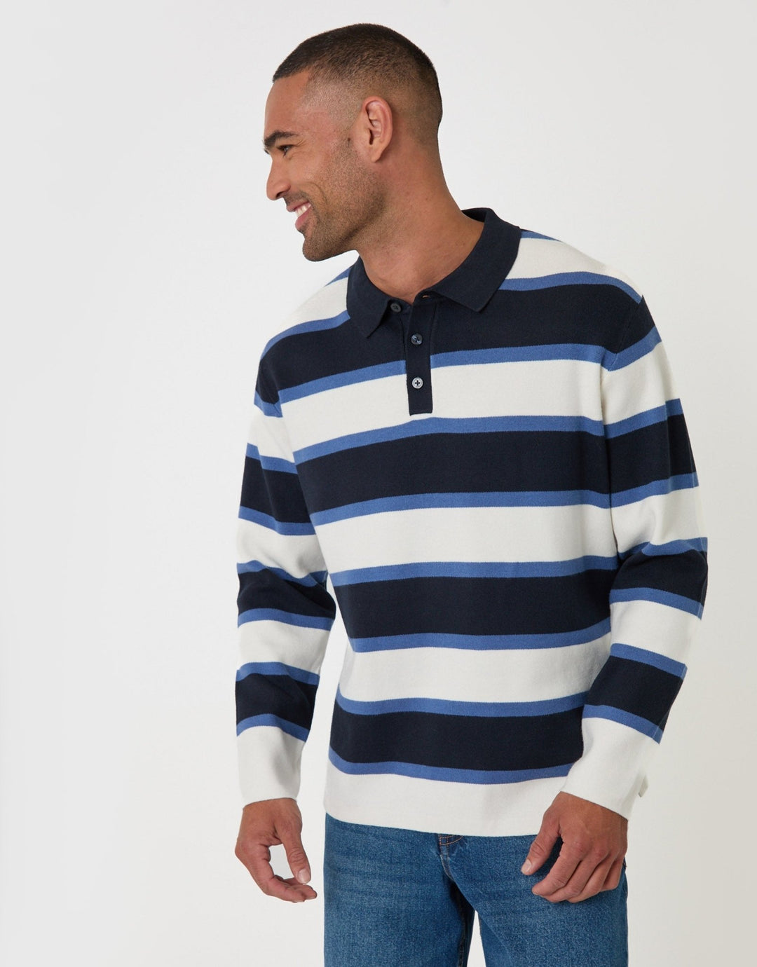 Relaxed Fit Knitted Rugby Polo in Navy Stripe