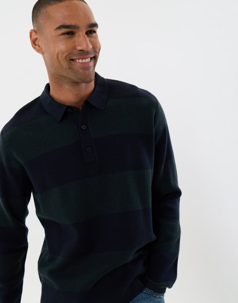Threadbare Relaxed Fit Rugby Polo in Navy Stripe - close up