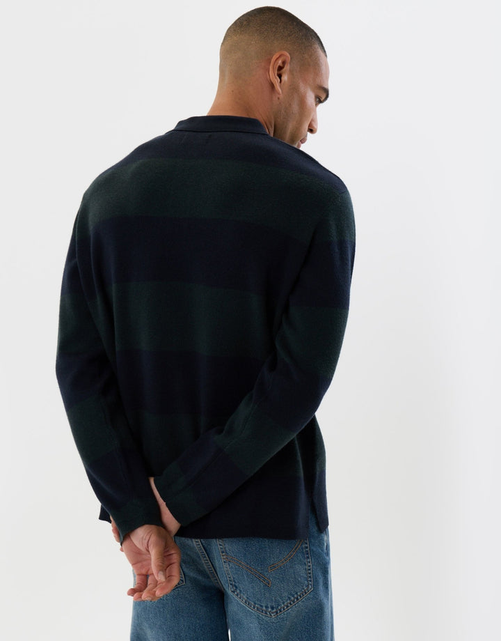 Threadbare Relaxed Fit Rugby Polo in Navy Stripe - back view