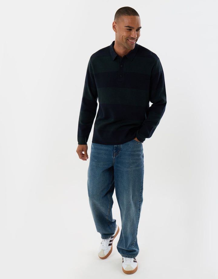 Threadbare Relaxed Fit Rugby Polo in Navy Stripe - full body