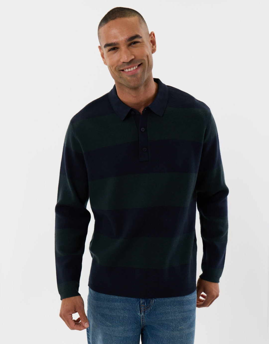 Threadbare Relaxed Fit Rugby Polo in Navy Stripe - front view