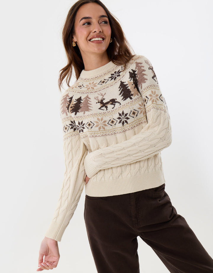 Reindeer Forest Fairisle Christmas Jumper in Cream