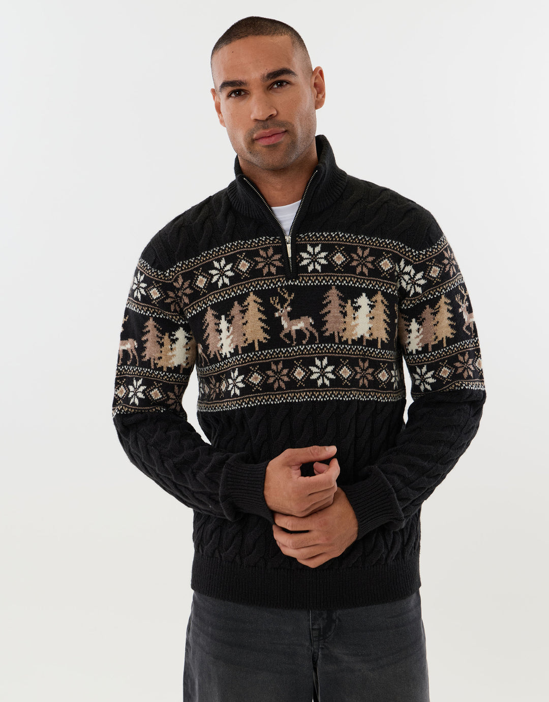 Reindeer Forest Fairisle Quarter Zip Christmas Jumper in Black