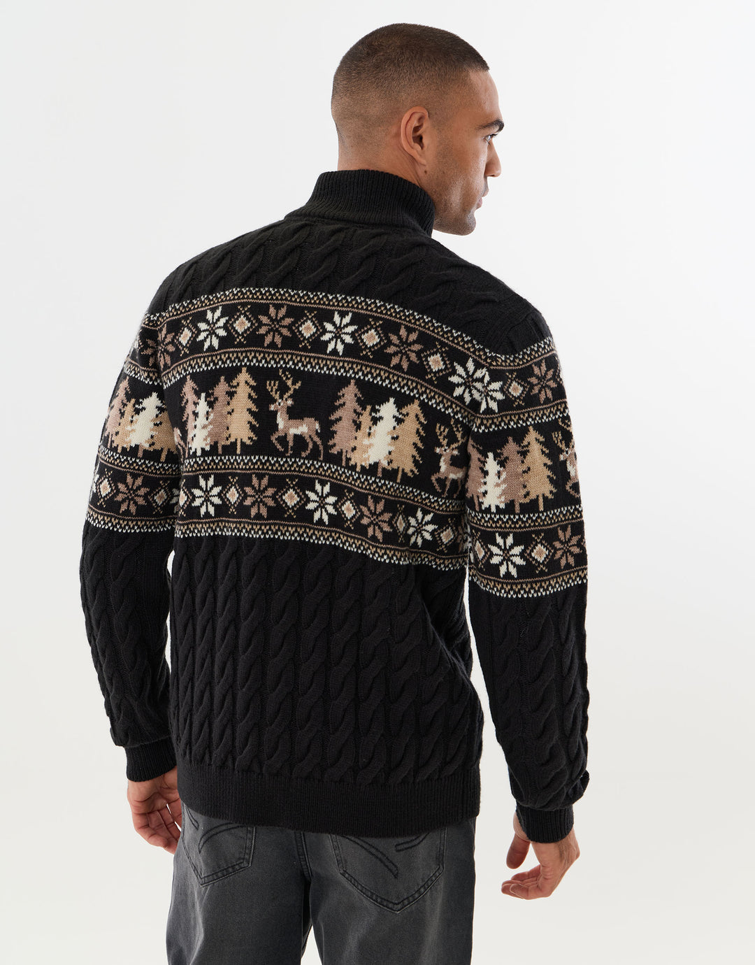 Reindeer Forest Fairisle Quarter Zip Christmas Jumper in Black
