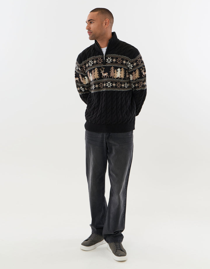 Reindeer Forest Fairisle Quarter Zip Christmas Jumper in Black