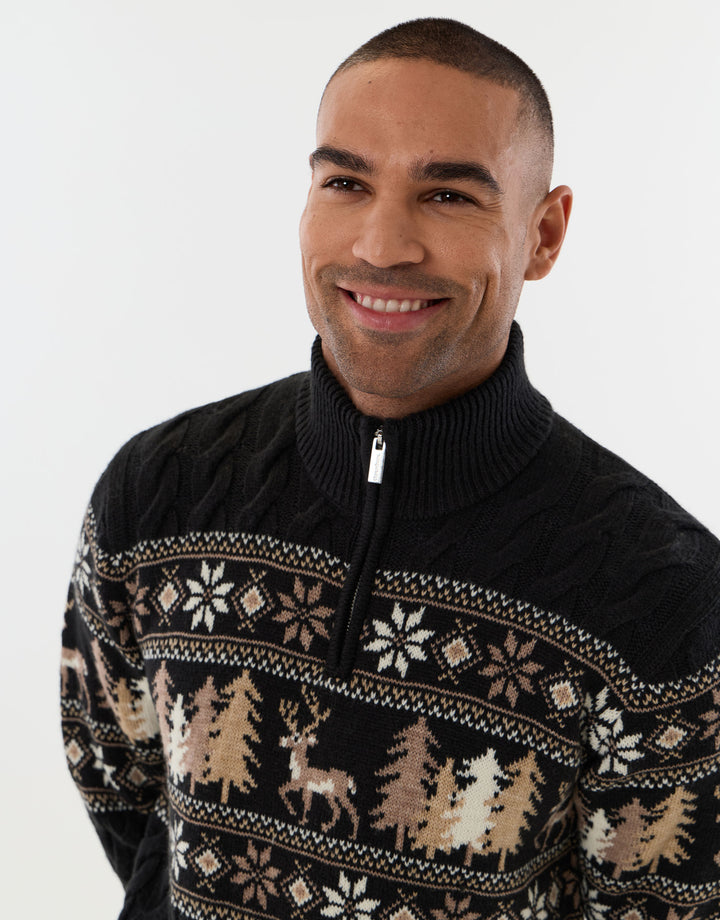 Reindeer Forest Fairisle Quarter Zip Christmas Jumper in Black