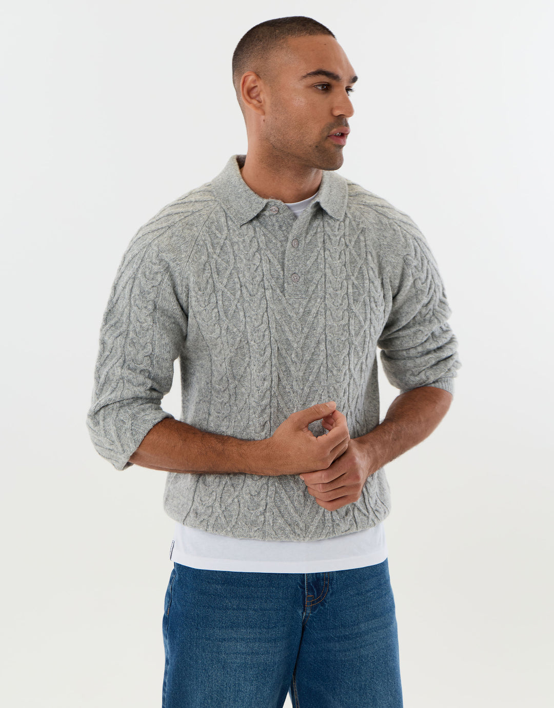 Cable Knit Long Sleeve Polo in Grey