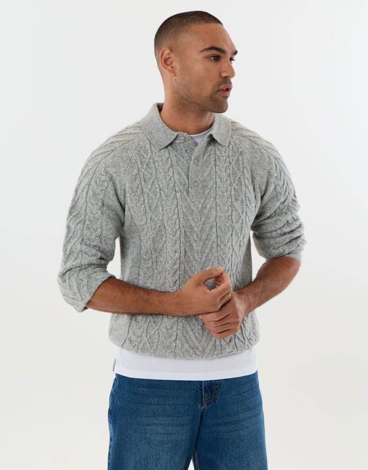 Cable Knit Long Sleeve Polo in Grey