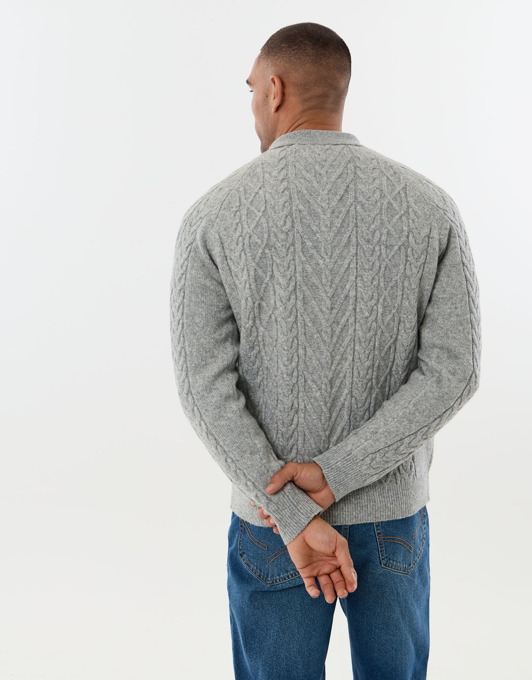 Cable Knit Long Sleeve Polo in Grey