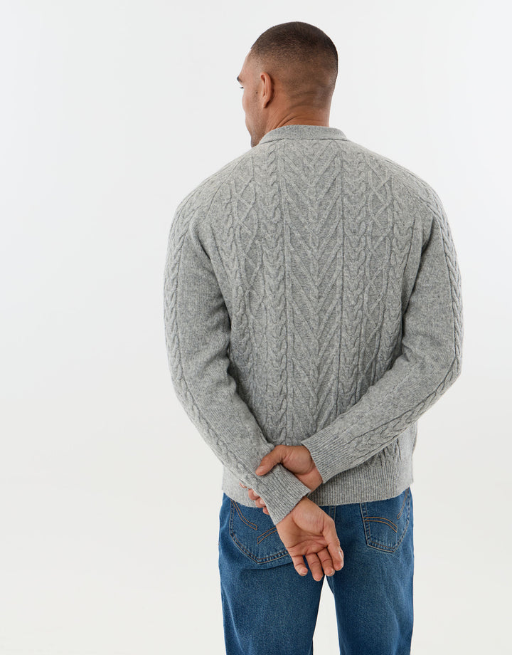 Cable Knit Long Sleeve Polo in Grey