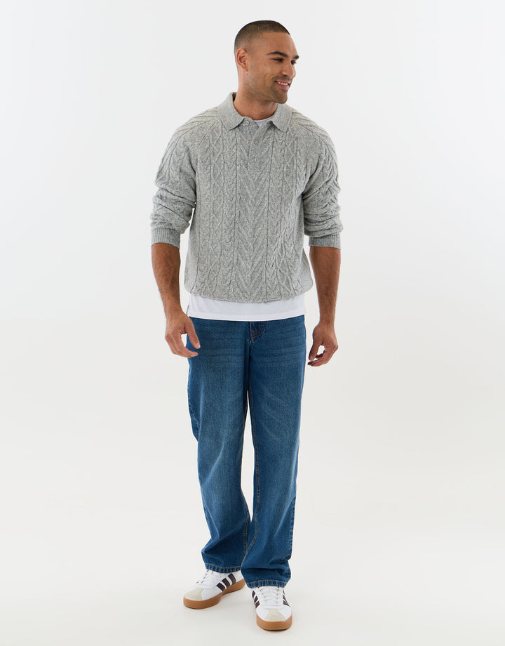 Cable Knit Long Sleeve Polo in Grey