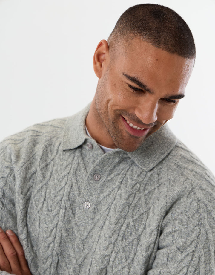 Cable Knit Long Sleeve Polo in Grey