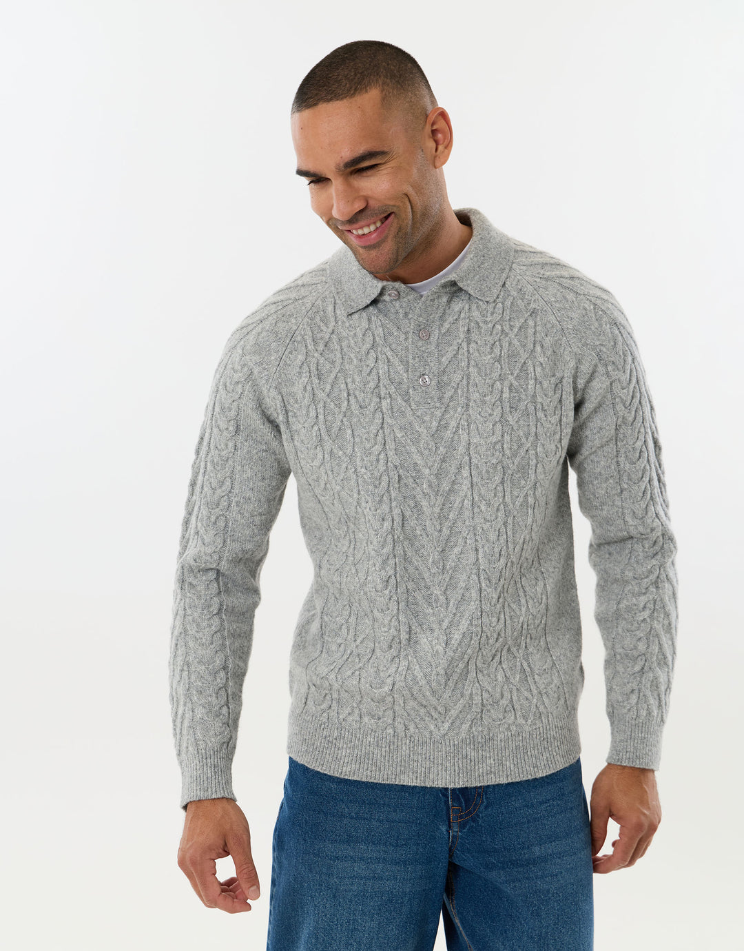Cable Knit Long Sleeve Polo in Grey