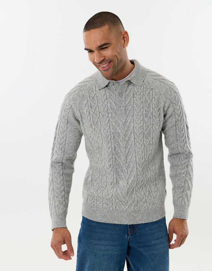 Cable Knit Long Sleeve Polo in Grey