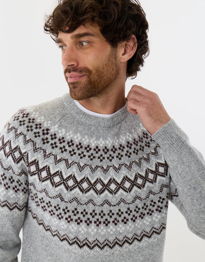 Geometric Fairisle Knitted Christmas Jumper in Grey
