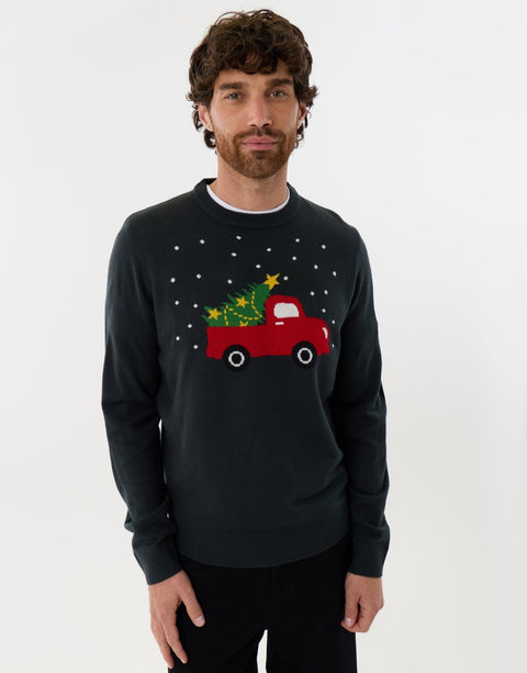Threadbare Christmas Truck Knitted Crew Neck Jumper in Forest Green - fron view