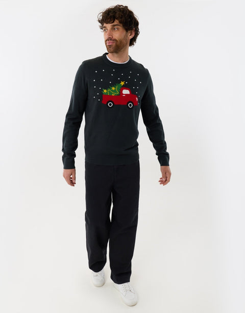 Threadbare Christmas Truck Knitted Crew Neck Jumper in Forest Green - full view