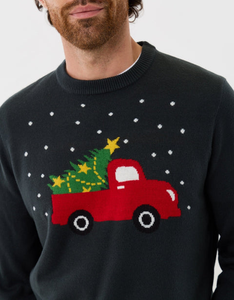 Threadbare Christmas Truck Knitted Crew Neck Jumper in Forest Green - close up