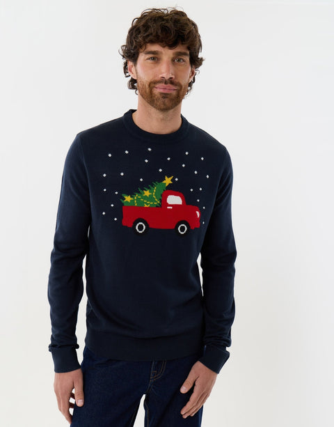 Threadbare Christmas Truck Knitted Crew Neck Jumper in Navy -  front view