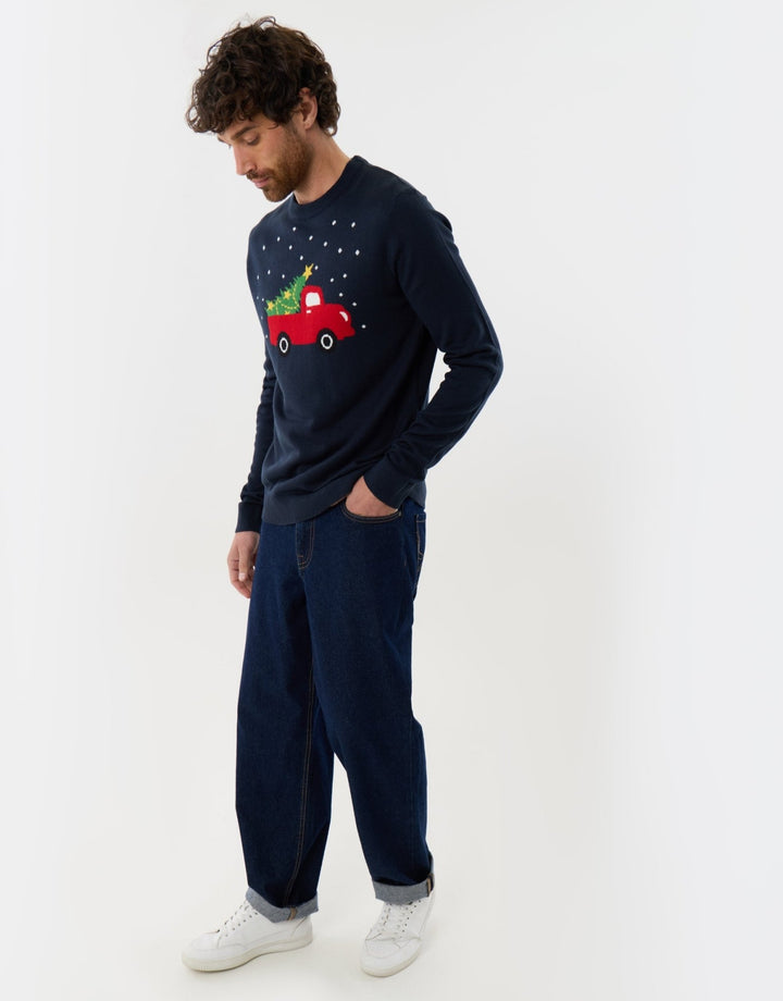Threadbare Christmas Truck Knitted Crew Neck Jumper in Navy - side view