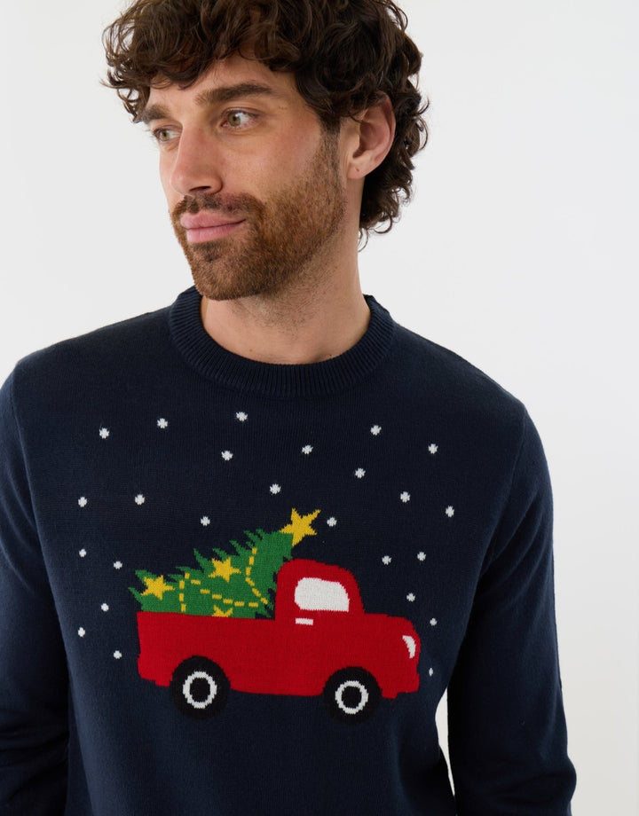 Threadbare Christmas Truck Knitted Crew Neck Jumper in Navy - close up