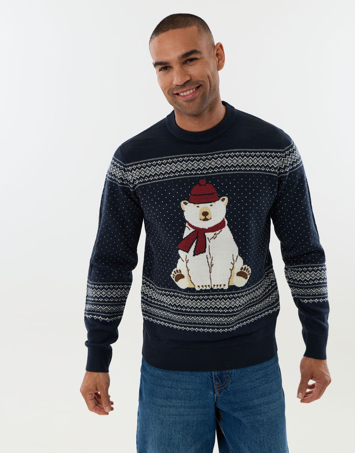 Threadbare Polar Bear Fairisle Christmas Jumper in Navy - front view