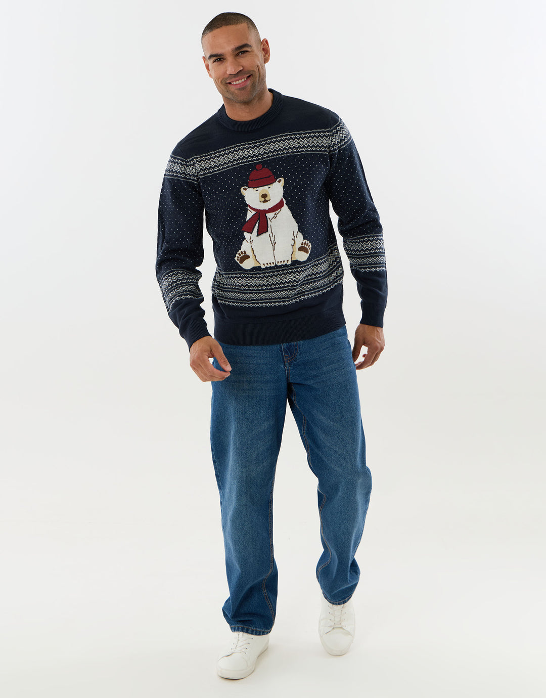 Threadbare Polar Bear Fairisle Christmas Jumper in Navy -  full view