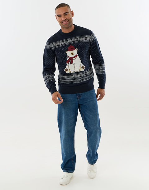Threadbare Polar Bear Fairisle Christmas Jumper in Navy -  full view