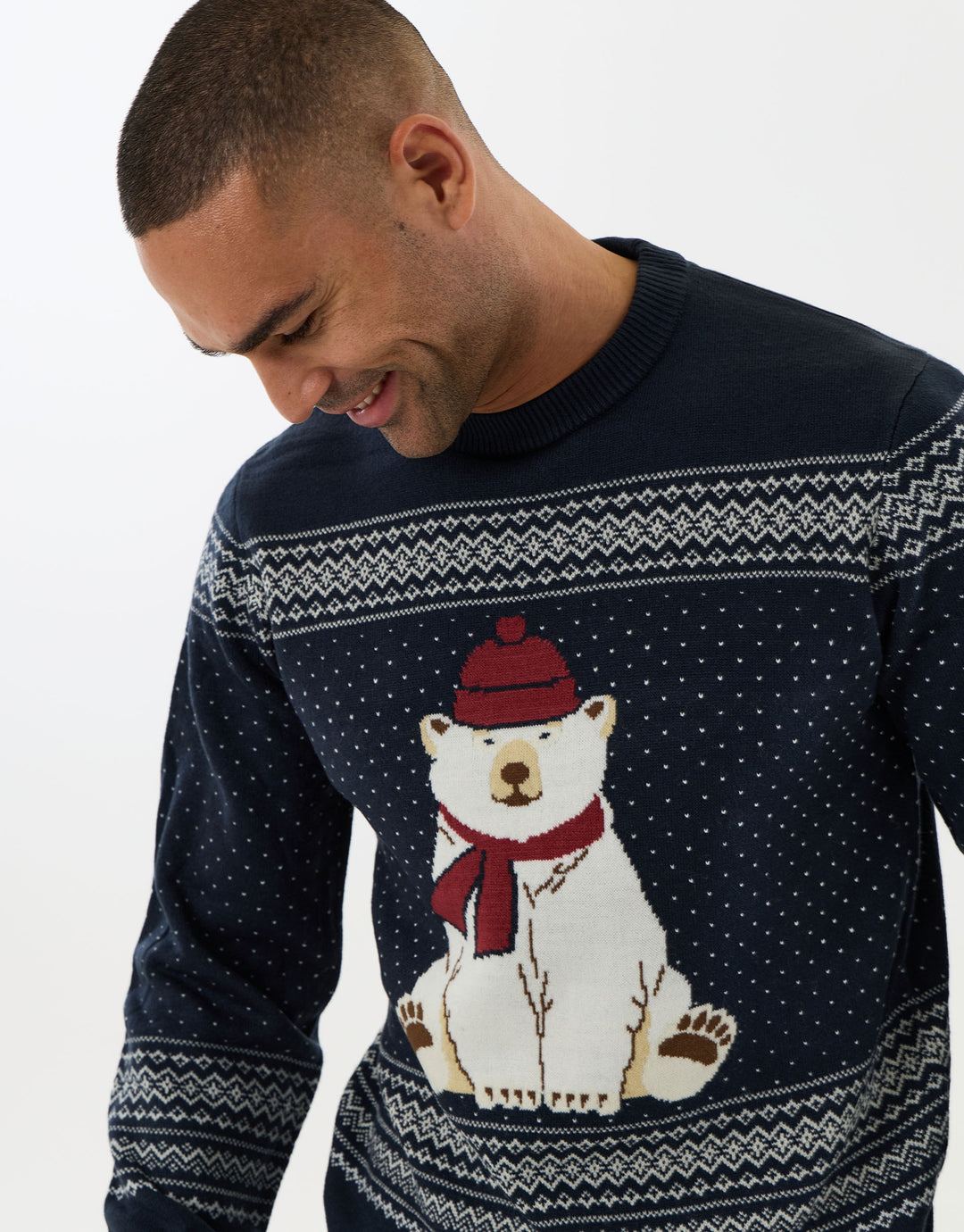 Threadbare Polar Bear Fairisle Christmas Jumper in Navy - close up