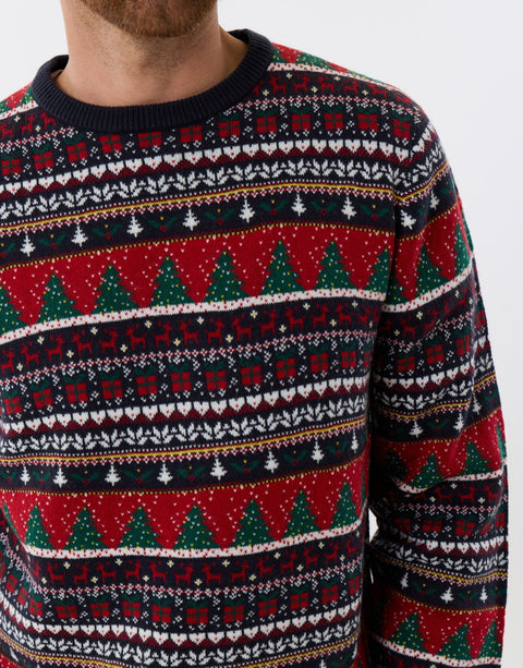 Threadbare Knitted Fairisle Crew Neck Christmas Jumper in Multi - close up