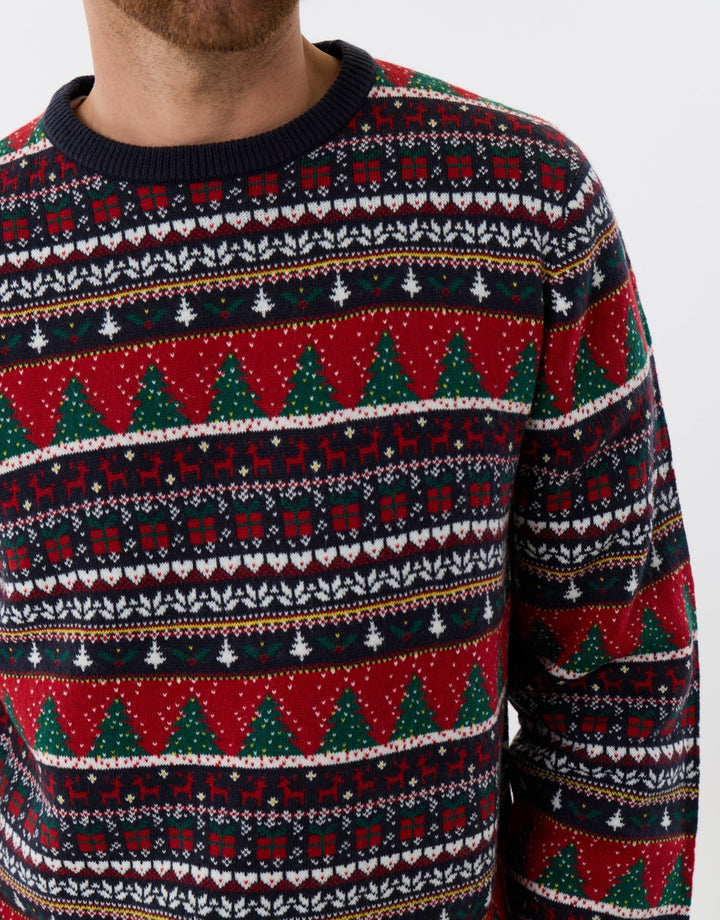 Threadbare Knitted Fairisle Crew Neck Christmas Jumper in Multi - close up