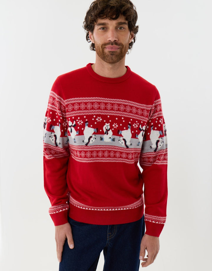 Threadbare Skating Bear Fairisle Christmas Jumper in Red - front view