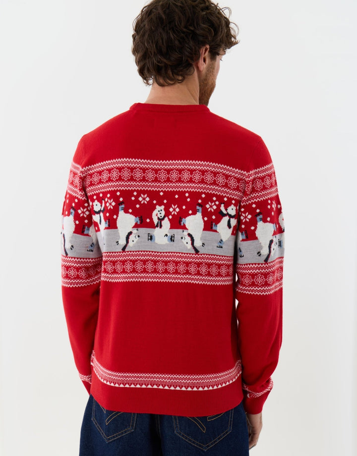 Threadbare Skating Bear Fairisle Christmas Jumper in Red -  back view