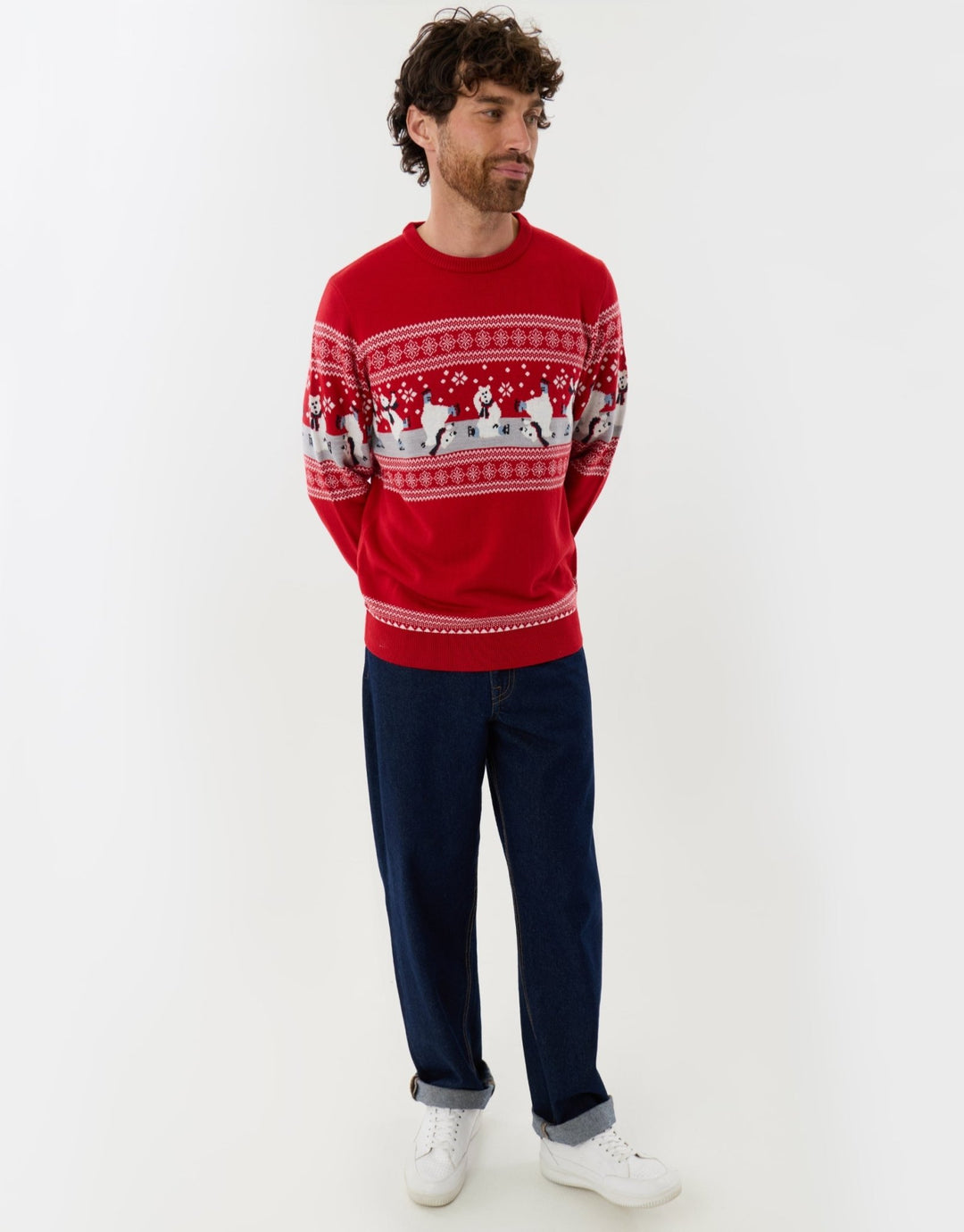 Threadbare Skating Bear Fairisle Christmas Jumper in Red -  full view