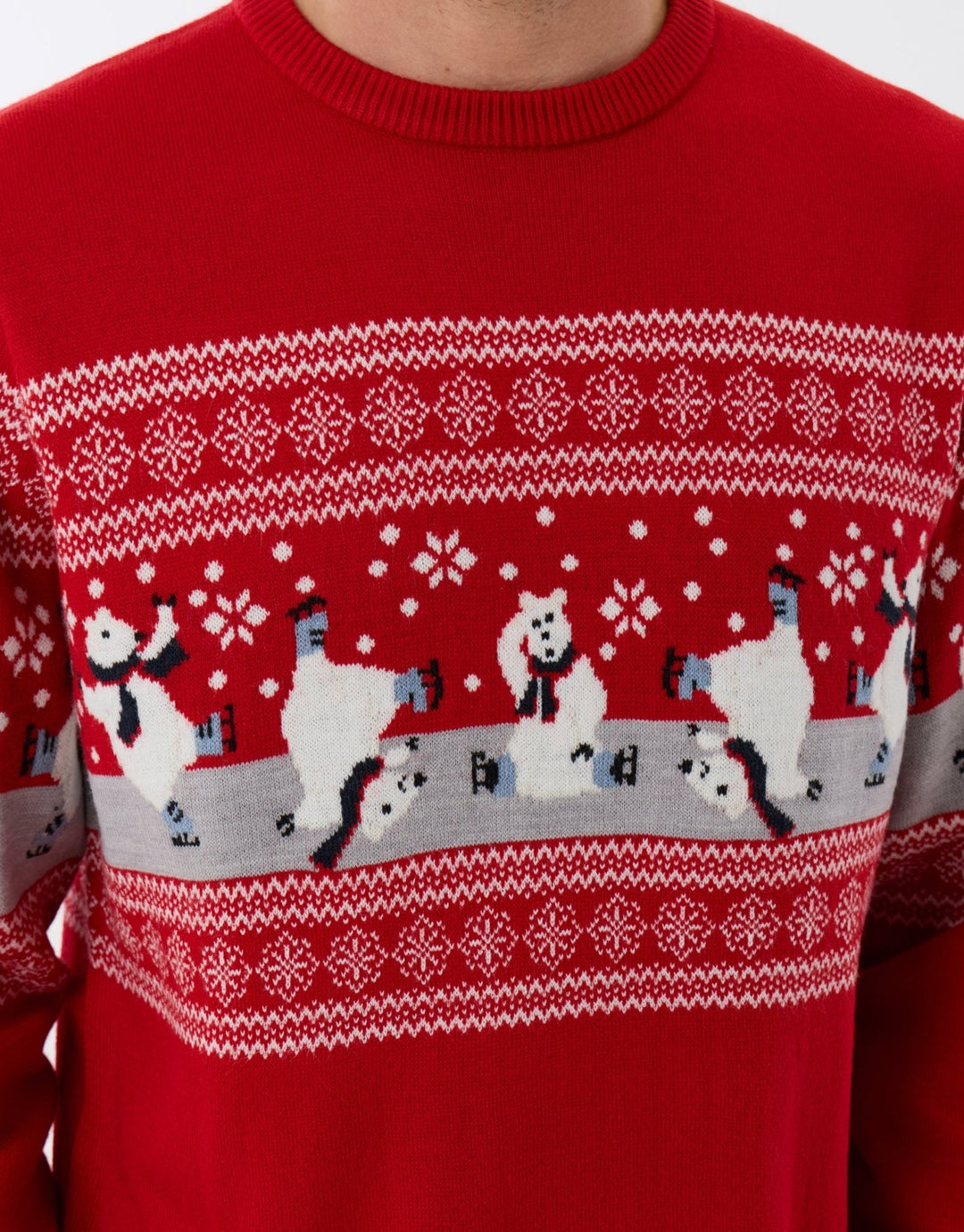 Threadbare Skating Bear Fairisle Christmas Jumper in Red - close up