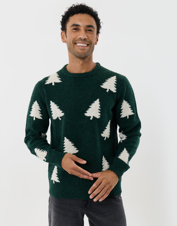Christmas Trees Knitted Jumper in Forest Green