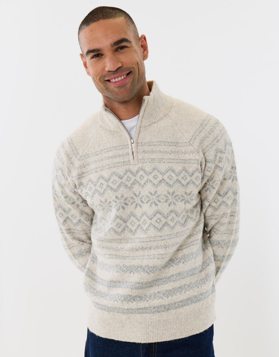 Geo Snowflake Quarter Zip Christmas Jumper in Ecru