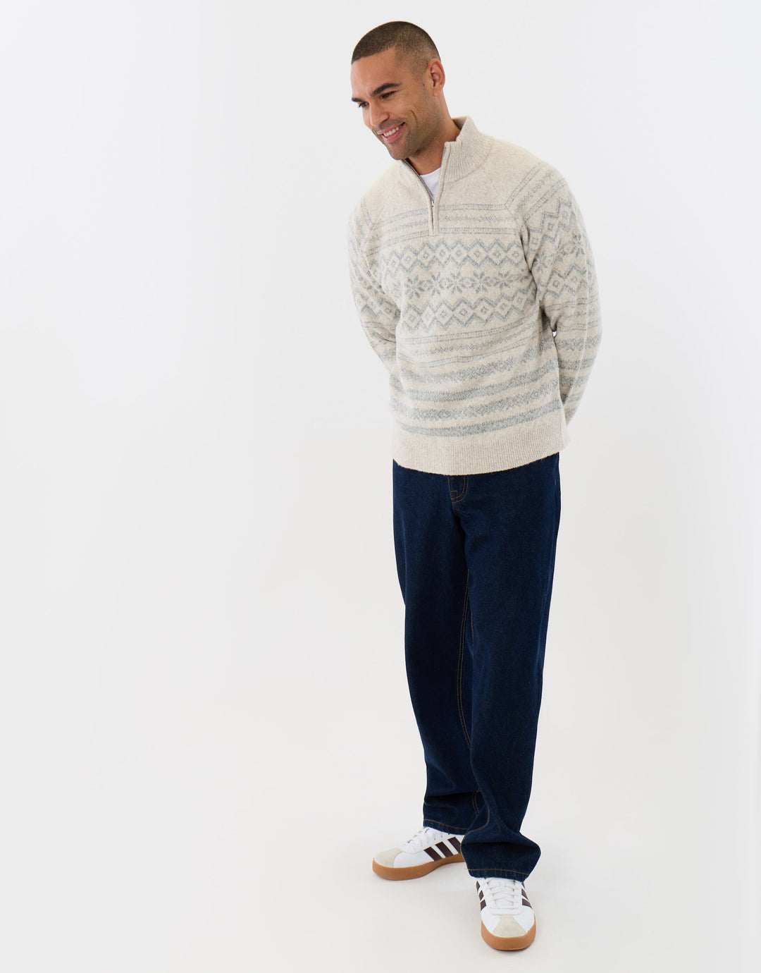 Geo Snowflake Quarter Zip Christmas Jumper in Ecru