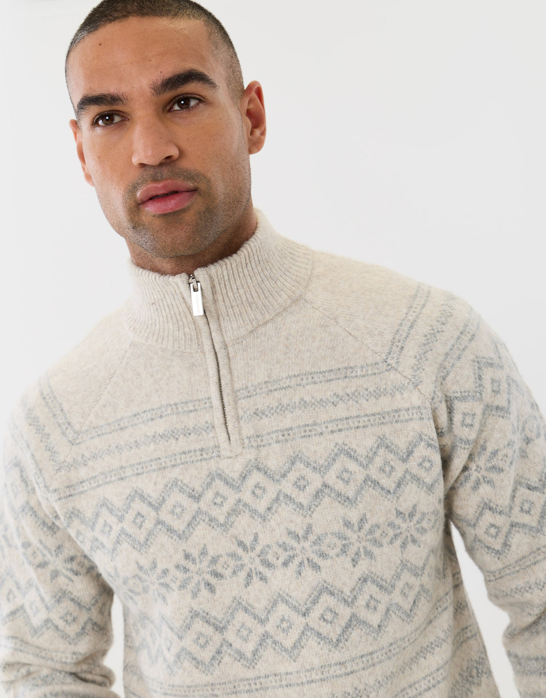 Geo Snowflake Quarter Zip Christmas Jumper in Ecru