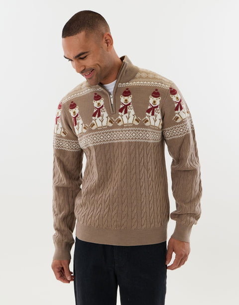 Threadbare Christmas Bear Fairisle Quarter Zip Jumper in Taupe - front view