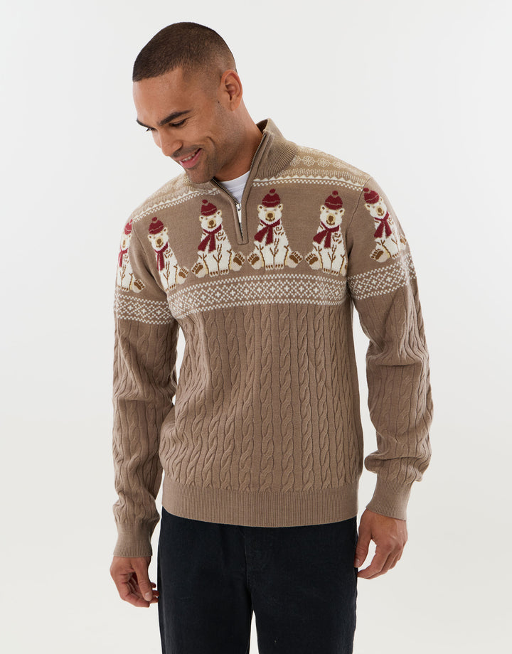 Threadbare Christmas Bear Fairisle Quarter Zip Jumper in Taupe - front view
