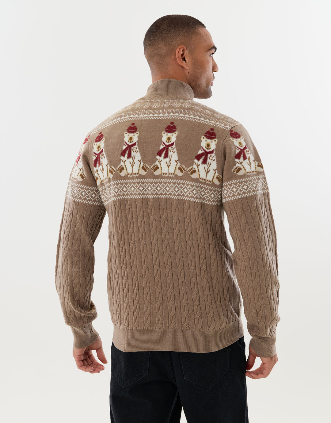 Threadbare Christmas Bear Fairisle Quarter Zip Jumper in Taupe -  back view