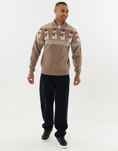 Threadbare Christmas Bear Fairisle Quarter Zip Jumper in Taupe -  full view