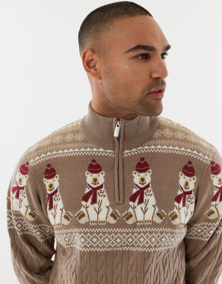 Threadbare Christmas Bear Fairisle Quarter Zip Jumper in Taupe - close up