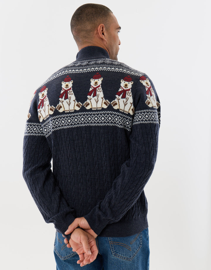 Threadbare Christmas Bear Fairisle Quarter Zip Jumper in Navy -  back view