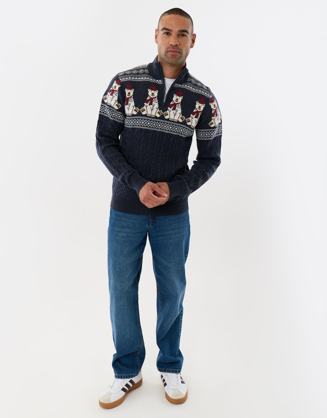 Threadbare Christmas Bear Fairisle Quarter Zip Jumper in Navy -  full view