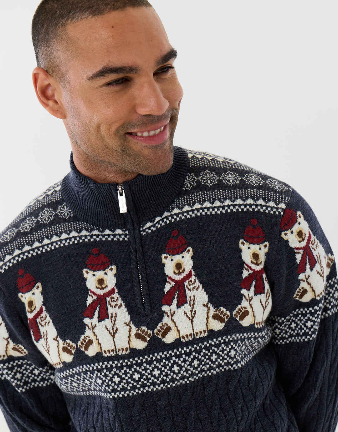 Threadbare Christmas Bear Fairisle Quarter Zip Jumper in Navy - close up
