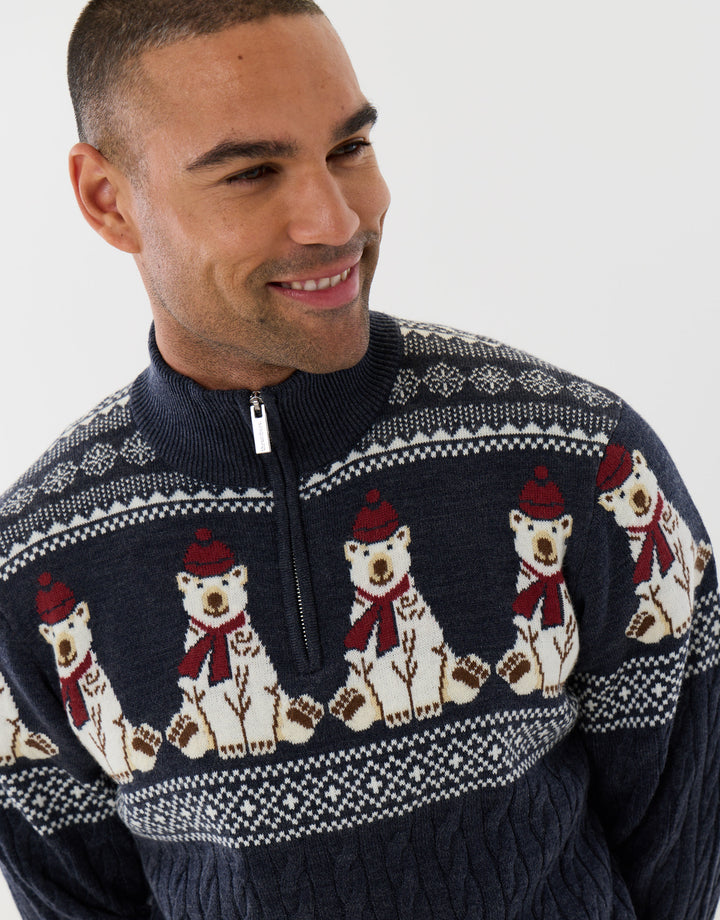 Threadbare Christmas Bear Fairisle Quarter Zip Jumper in Navy - close up