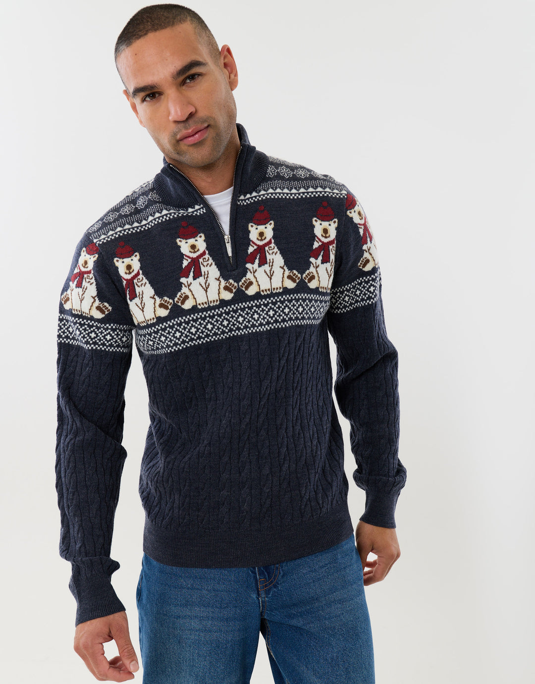 Threadbare Christmas Bear Fairisle Quarter Zip Jumper in Navy - front view